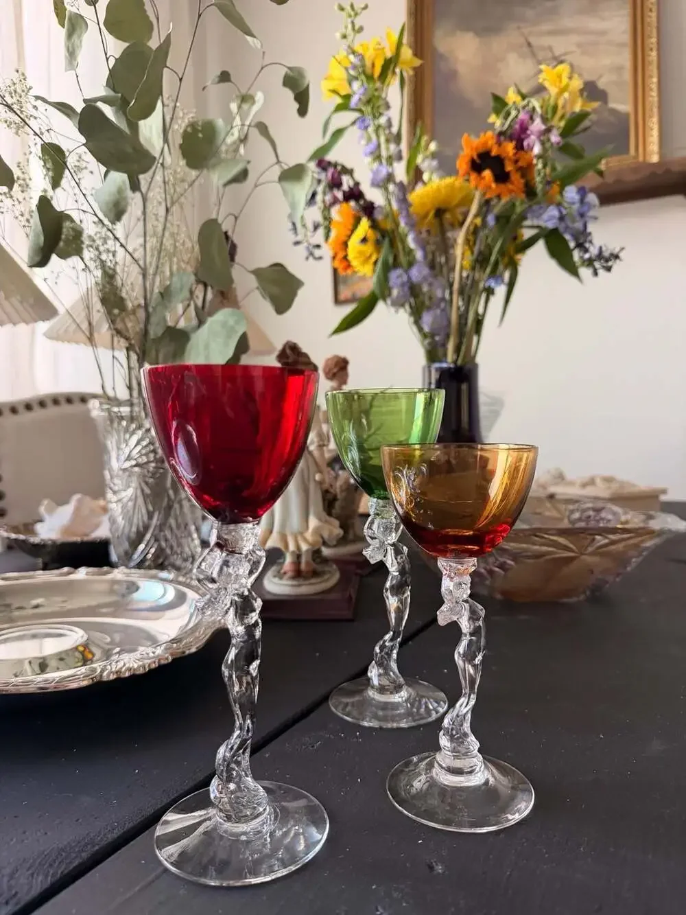 Cambridge Glass Statuesque Nude Lady Stem Multicolor Wine Cocktail Glasses of 3